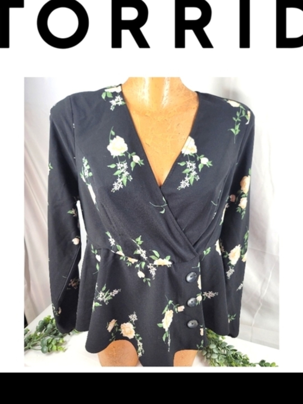 torrid Black Floral Wrap Peplum Blouse with Side Buttons